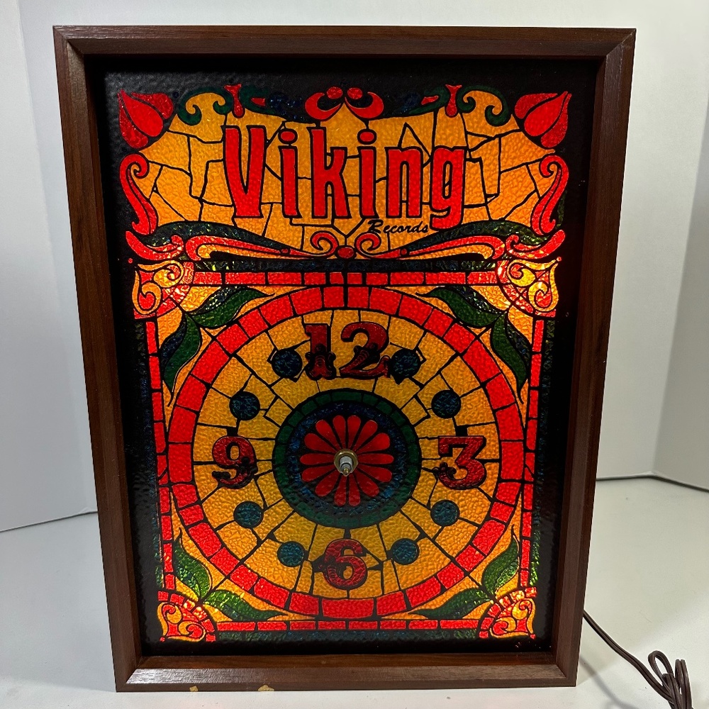 Vtg Brightco Electronics Viking Records Retro Faux Stained Glass Light Up Clock